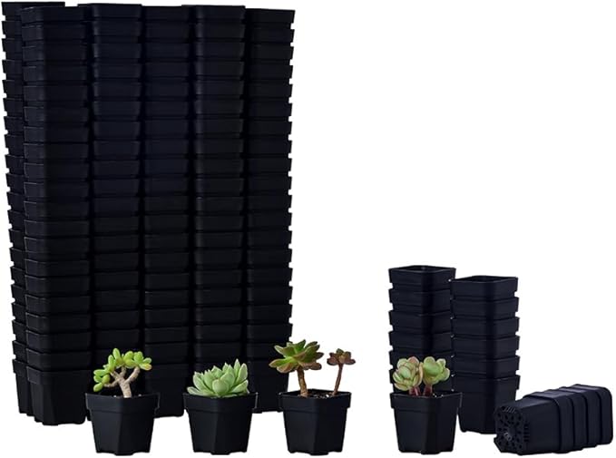 BangQiao 200 Pack 1.95 Inch Tiny Black Plastic Square Nursery and Seedling Pot, Mini Transplant Seed Starter Planter with Drain Hole for Germination, Herb, Succulent
