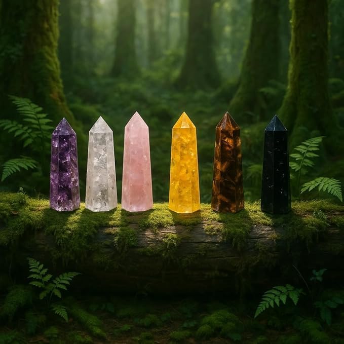 ANAYA AGATE Healing Crystal Wand Set of 6 Orgonite 3.5 Inch Gemstone Towers – Amethyst, Rose Quartz, Citrine, Clear Quartz, Tiger Eye, Black Tourmaline Necklace ChristmasGift Set