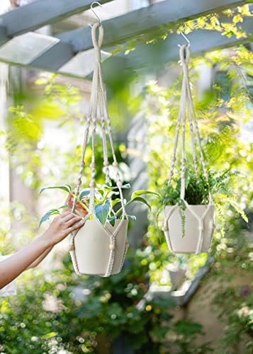 BlueMake 32inch Macrame Plant Holder,Indoor Hanging Planters with Wood Beads No Tassels Boho Home Decor (Ivory)