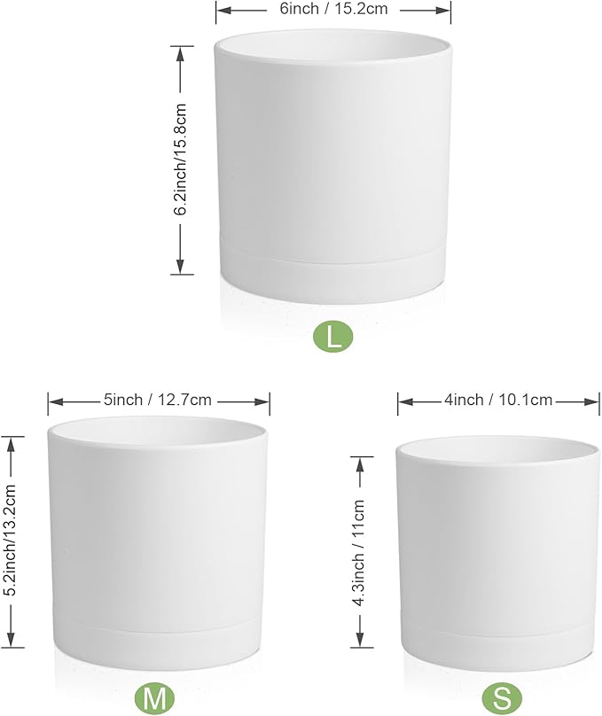 Meowell 6/5/4 inch Flower Pots, Pack of 3 Cylinder Plant Pots for Small Indoor Outdoor Plants, Plastic Planters with Drainage Holes and Saucers for Garden Succulent Nursery House Plants, White