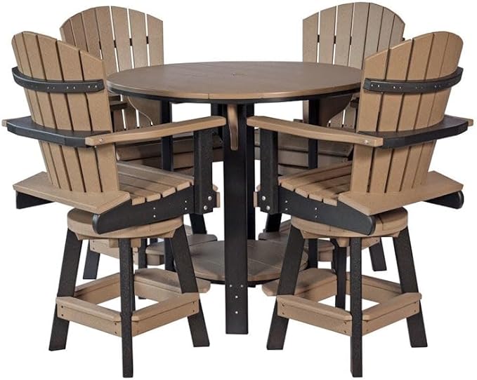 DutchCrafters Recycled Poly Round Balcony Dining Set, Table with 4 Chairs, Bar Height, Swivel Chairs, 5 Piece Patio Furniture Set, Amish Made in USA, Two-Toned Colors (Weatherwood & Black)