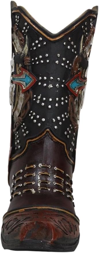 Ebros Gift Rustic Country Western Cow Skull Turquoise Cross and Barbed Wires Faux Tooled Leather Cowboy Boot Decorative Flower Vase Or Planter Figurine