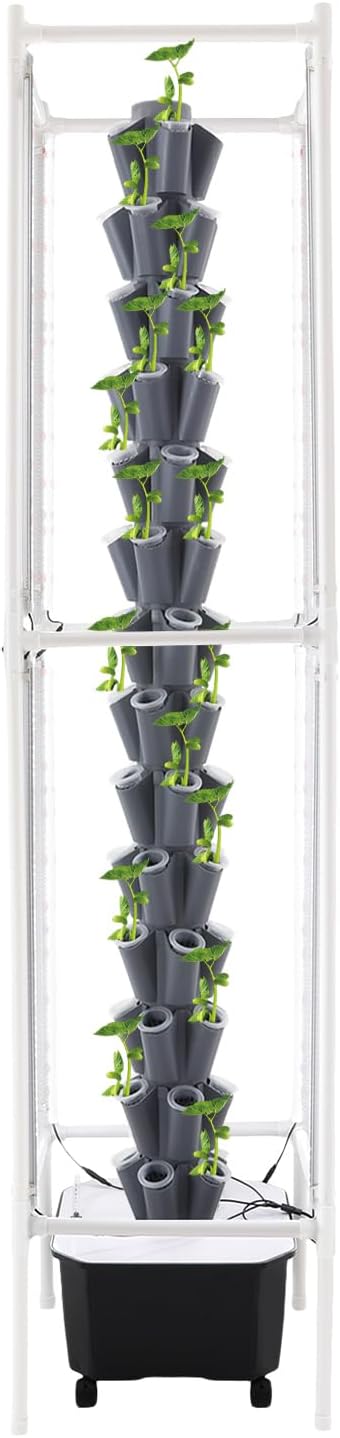 Hydroponics Growing System, 70 Pods Large Vertical Hydroponic Growing Tower with 360° LED Grow Light, 14-Tier Indoor Gardening System for Herb Vegetable Fruit (Grey+Black)