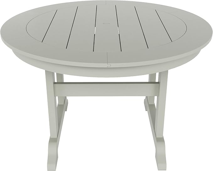 WestinTrends Malibu 5 Piece Adirondack Patio Dining Set, All Weather Poly Lumber Outdoor Table and Chairs Furniture Set, 47" Trestle Round Dining Table and 4 Adirondack Dining Chair, Sand
