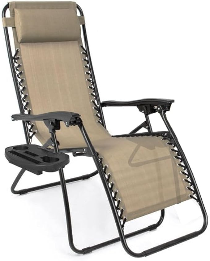 EZONE 1 - Chair Zero Gravity Lounge Chair Outdoor Adjustable Reclining Patio Chair Steel Mesh Folding Recliner for Pool Beach Camping Lounge Chair with Pillow and Cup Tray (1, Beige)