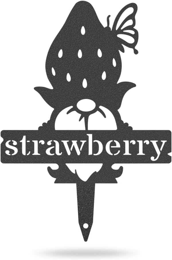 RealSteel Brand, Gnome Plant Markers for Outdoors, Garden Labels Metal Stake, Plant Tags, Garden Sign for Vegetables, Outdoor Decorations, Yard and Gardening Gift - Strawberry