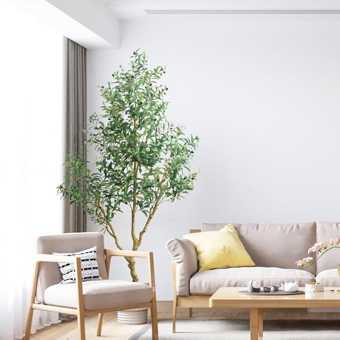 Olive Tree 7 feet,Fake Plants Indoor with Lightweight Durable Modern Fiberstone Sphere Planter,Realistic Trunk & Lifelike Leaves, Perfect for Large Spaces & Elegant Home/Office Decor (7FT with Pot)