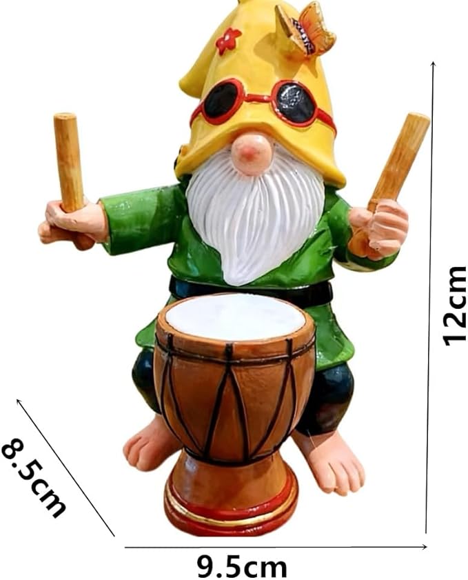 Garden Gnome Outdoor Decorative Statue, Yellow Hat with Sunglasses, Green Outfit, Drummer Design for Patio and Lawn Decor
