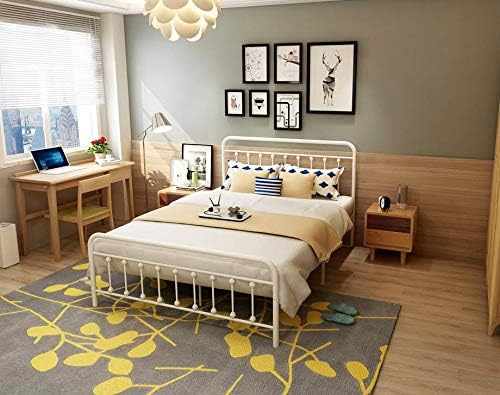 DUMEE Metal Full Size Bed Frame Platform with Vintage Headboard and Footboard Sturdy Premium Steel Slat Support No Box Spring Needed, Textured White