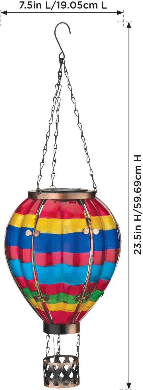 Regal Art & Gift Hot Air Balloon Solar Lantern – Hanging Solar-Powered LED Lights, Waterproof Portable Decorative Outdoor Lamp Made of Metal & Glass for Garden, Patios & Pathway – Multi Stripe(Large)