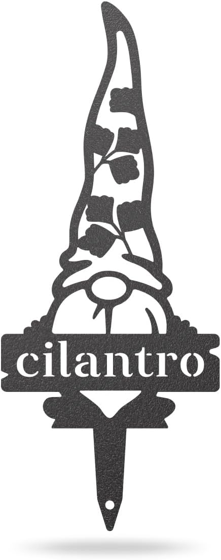 RealSteel Brand, Gnome Plant Markers for Outdoors, Garden Labels Metal Stake, Plant Tags, Garden Sign for Vegetables, Outdoor Decorations, Yard and Gardening Gift - Cilantro