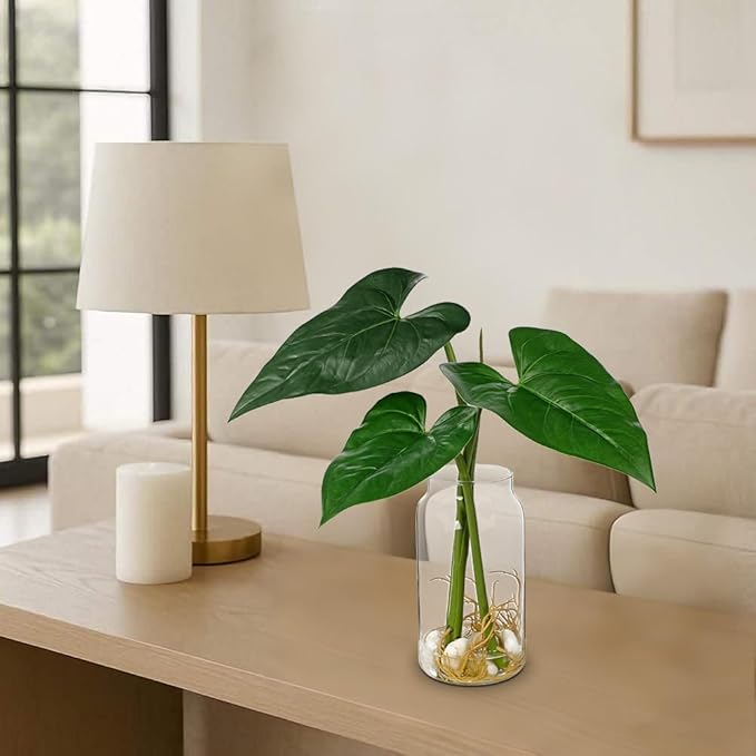 Oairse Artificial Tropical Plant in Glass Vase with Faux Water & Pebble - 16.5" Fake Plants in Vase Taro Leaves Stem Fake Palm Monstera Greenery for Home Indoor Centerpiece Farmhouse Decor