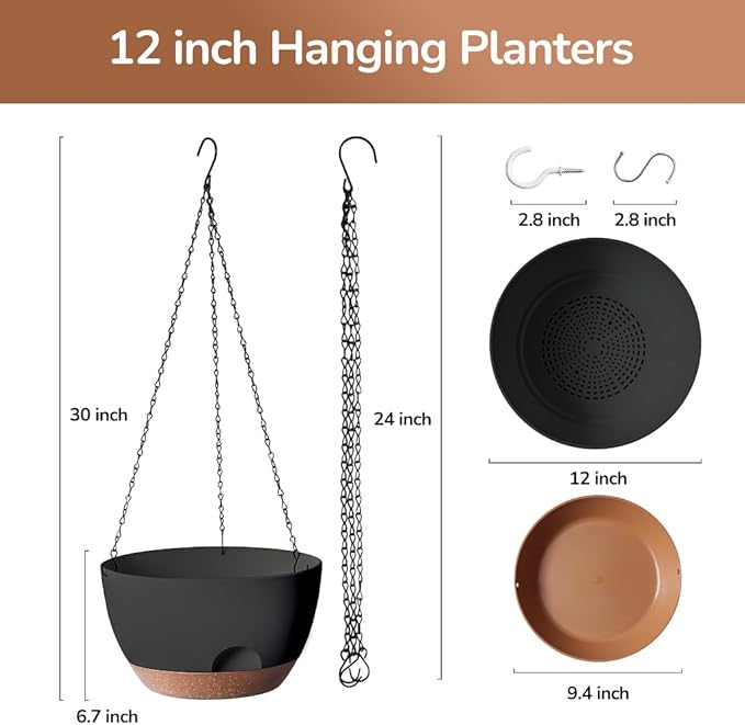 LESOASIS Set of 2-12 Inch Hanging Planter, Self-Watering Hanging Planters for Indoor Plants & Outdoor, Plant Hanger Indoor, Hanging Plant Pot with Drainage (Black)
