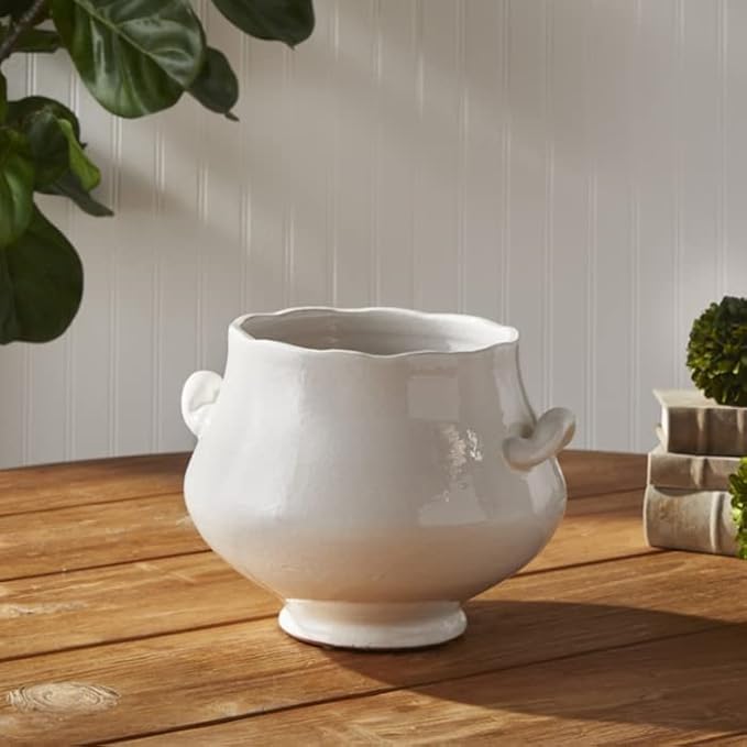 MY SWANKY HOME Elegant White Ceramic Curvy Urn Shaped Planter Traditional Farmhouse Scalloped Indoor