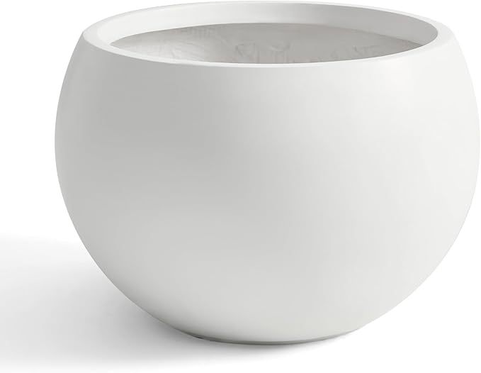 FloraFairy Fiberstone Sphere Planter, 19.3" Dia x 13" H Large Flower Pot with Drainage Hole and Silicone Plug, Round Plant Container for Indoor or Outdoor, 15" Opening, Large White