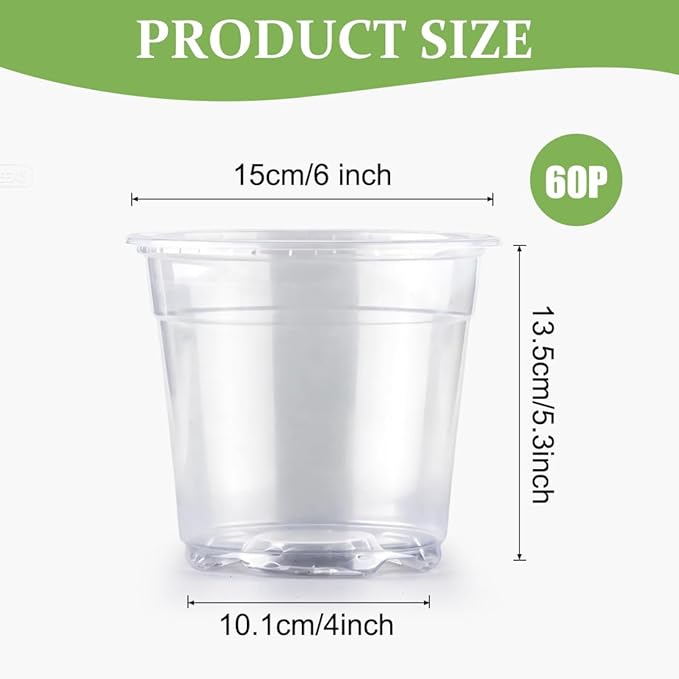 RooTrimmer 60 Pack 6 Inch Clear Nursery Pots for Plants, Flexible Plastic Plant Pots with Drainage Holes, Transparent Plant Starter Pots for Seedlings, Vegetable, Succulents, Flowers