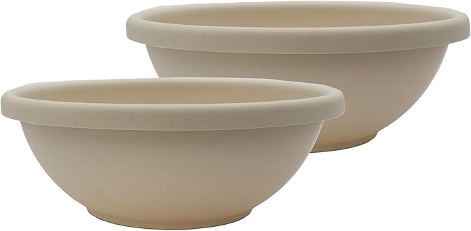 The HC Companies 15.5 Inch Shallow Garden Bowl Plant Pot with Drainage, Lightweight UV-Resistant Plastic Planters for Succulents & More, 2-Pack Planters for Indoor Outdoor Home Decor, Cottage Stone