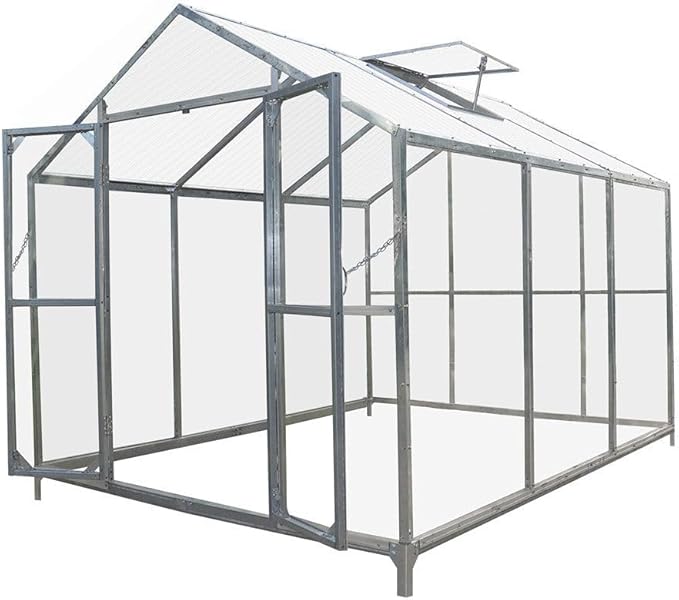 Year-Round 8x10ft Greenhouse with 4mm Twin-Skin Polycarbonate Top Crystal-Clear Hard Panel Walls Galvanized Robust Frame Ground Anchors Manual Airflow Regulation Vents Optimized Sun Exposure