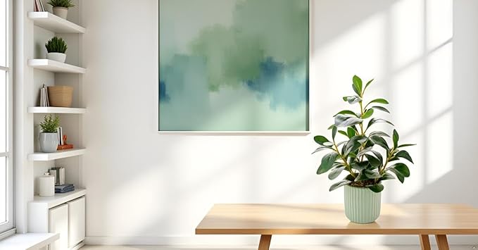 Ewtogift 14.6'' Fake Plant Ficus Leaves Artificial Plant in Light Green Ceramic Stripe Planter Faux Real Looking and Touching Evergreen for Home Living Room Indoor & Outdoor