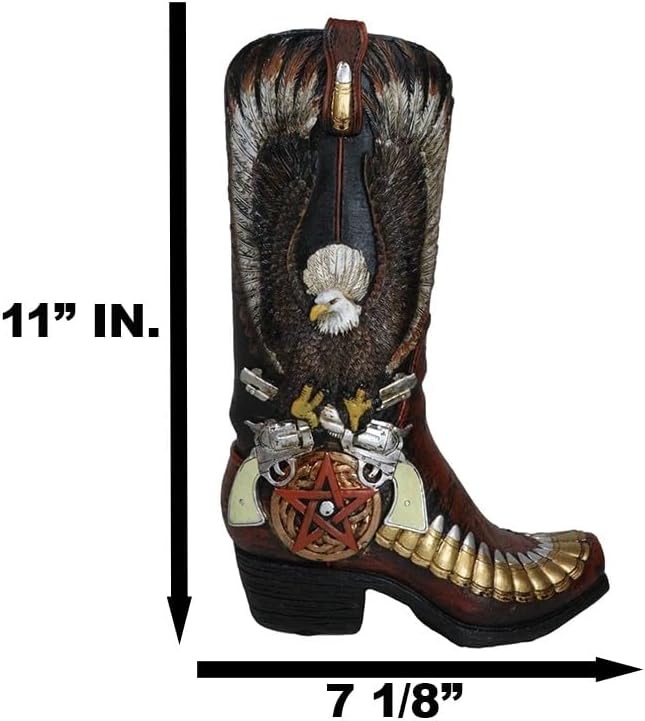 Ebros Gift Rustic Country Western Wild West Bald Eagle with Open Wings Clutching Crossed Revolver Guns and Pentagram Star Faux Tooled Leather Cowboy Boot Decorative Flower Vase Or Planter Figurine