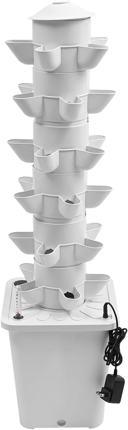 6-Tier Hydroponic Grow Tower Kit, 30 Holes Planting Sites Indoor Garden System with Water Pump, Self-Watering Vertical Gardening Kit for Lettuce, Herbs, Strawberries, Vegetables, Flowers, White