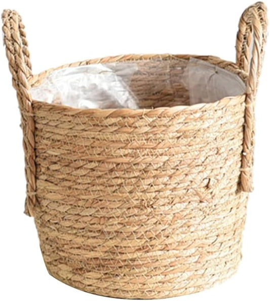 Woven Straw Flower Pot, Sea-Grass Planter Basket, Wicker Rattan Vase Sundries Organizers Storage Bins, Hand Woven Basket Planter with Plastics Liners and Handle - XL 9.84x9.84x12.2in