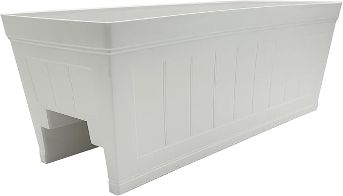 Classic Home and Garden Plastic Falmouth Deck Rail Window Box Planter with Drainage Holes, Starlight White Beadboard, 24 inches