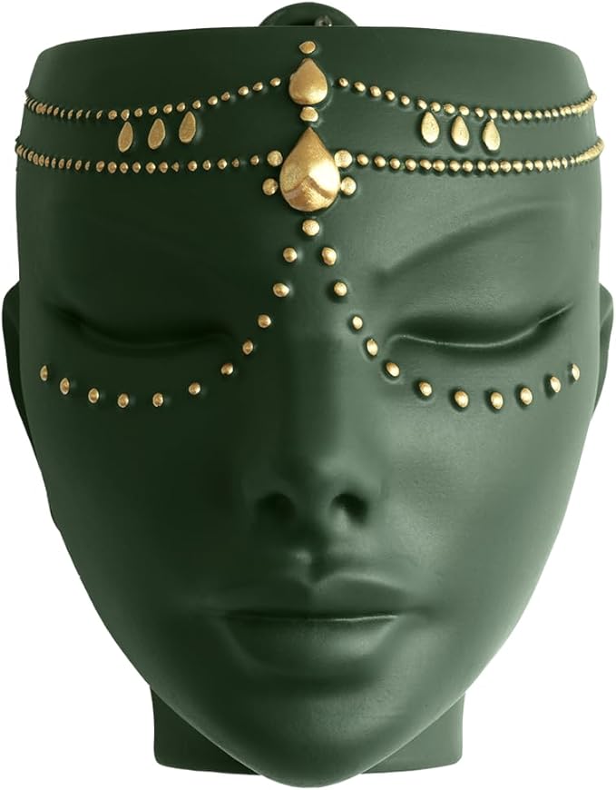 Head Planter - Indoor & Outdoor Home Decor Gifts for Plant Lovers - for Flat Surface or Wall Mount - Unique Face Planter for Flowers, Succulents, & More (7 inch, Serena Design, Green)