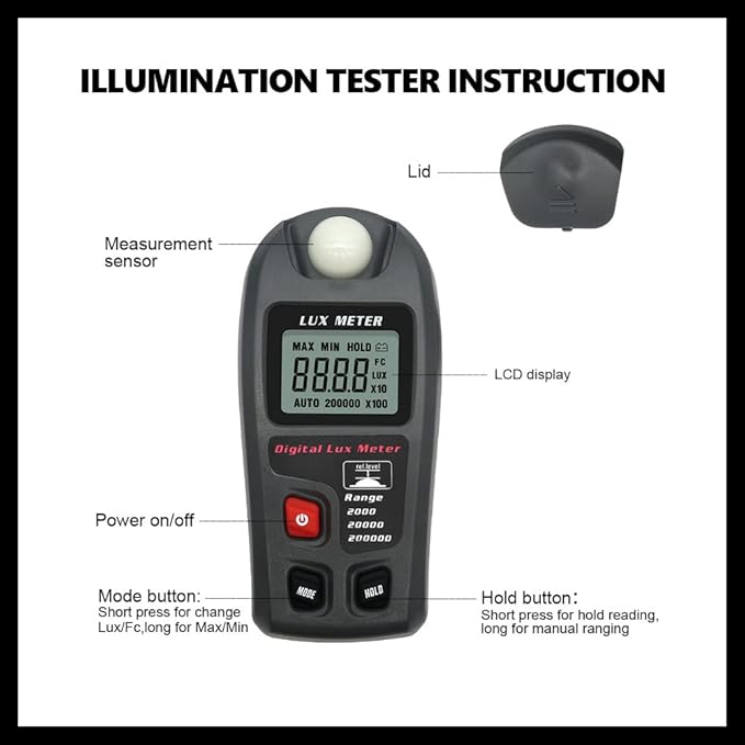 MT-30 Digital Light Meter Lux Meter 0.1-200,000 Lux Range Illuminance Meter with LCD Display Portable Luxmeter for Indoor Outdoor Lighting Measurement