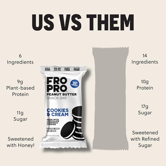FROPRO Snack Bar - Peanut Butter Snack Bars - Gluten Free, Dairy Free, Non GMO, Plant Based Protein Snacks Bar - Crave-worthy & Great On-the-Go | Cookies and Cream, 12 Pack