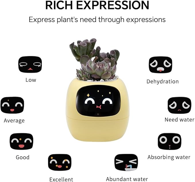 Odpaltoy Smart Plant Pot with Expression, AI Intelligent Flower Pot for Indoor Decoration, Smart Garden Pot with Water/Light/Temperature Sensors, Ivy AI Planter ((Yellow)