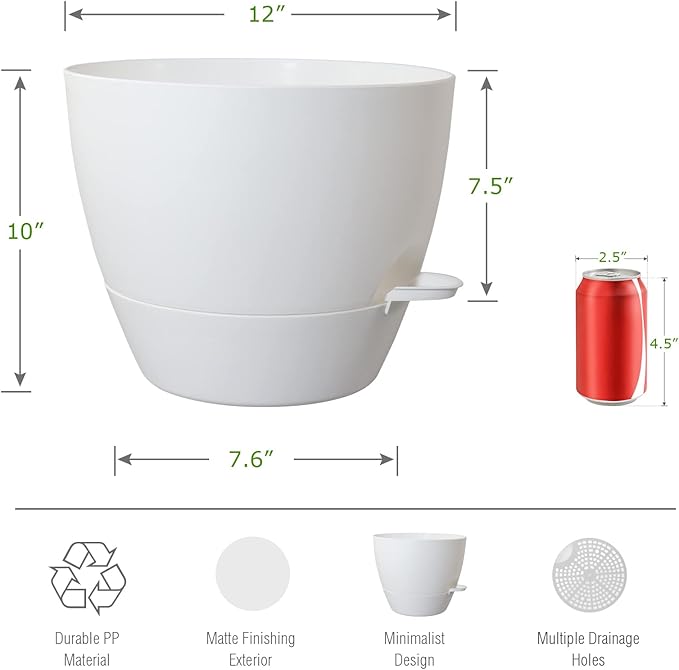 UOUZ 12inch 2Pack Large Self Watering Planters, Plastic Plant Pots with 60oZ Removable Deep Reservoir and Multi Mesh Drainage Holes for Indoor Outdoor Garden Plants and Flowers, White