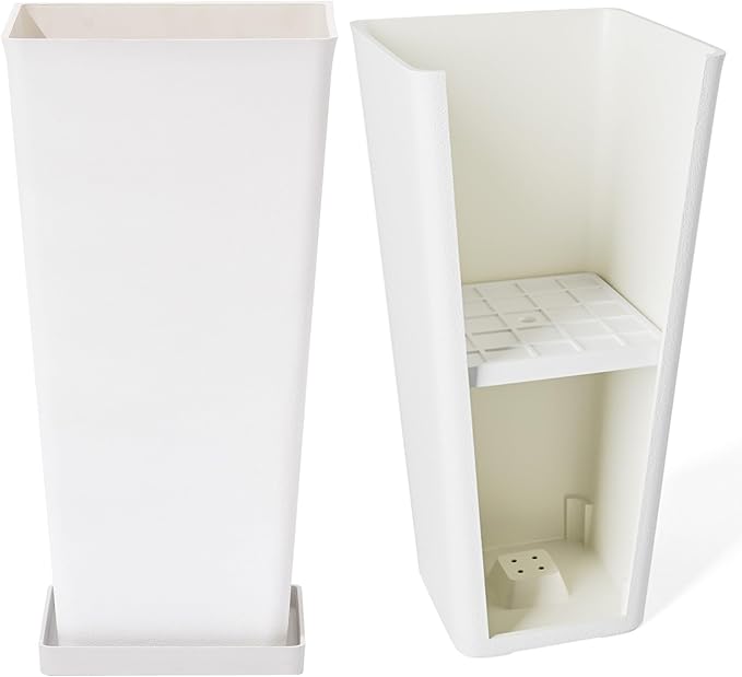 LA JOLIE MUSE 26 inch White Tall Planters for Outdoor & Indoor Plants, Set of 2 Rectangular Standing Planters with Drainage Holes and Tray