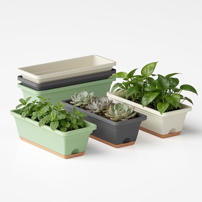 Window Box Planter, 6 Pack Plastic Vegetable Flower Window Planters Boxes 16 Inches Rectangular Flower Pots with Drainage Holes and Saucers (Mixcolor)