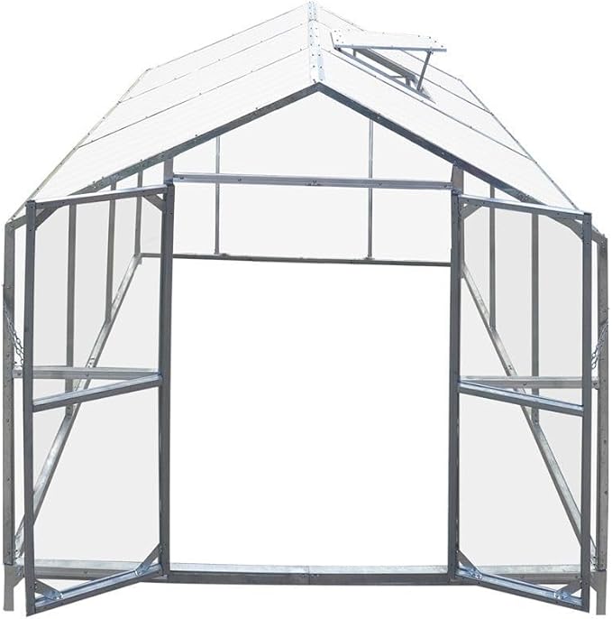 Year-Round 8x10ft Greenhouse with 4mm Twin-Skin Polycarbonate Top Crystal-Clear Hard Panel Walls Galvanized Robust Frame Ground Anchors Manual Airflow Regulation Vents Optimized Sun Exposure