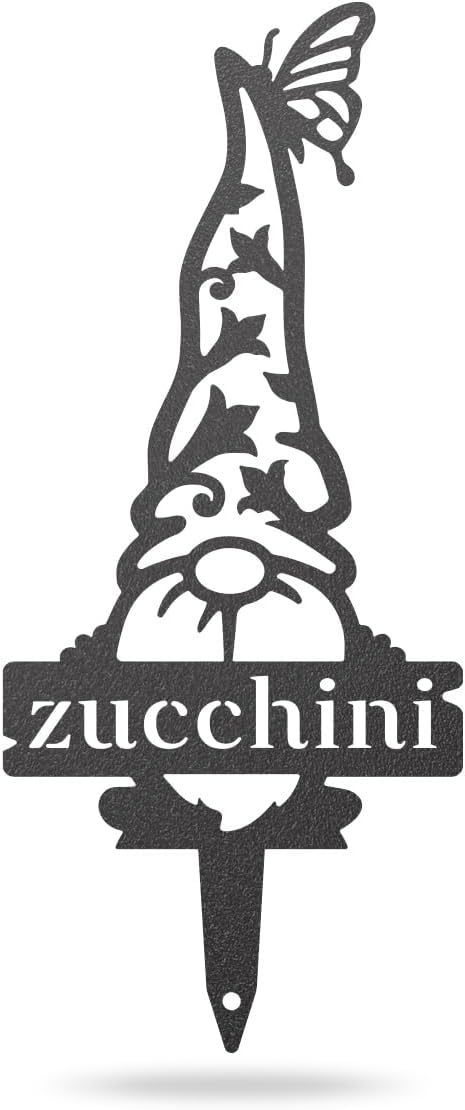 RealSteel Brand, Gnome Plant Markers for Outdoors, Garden Labels Metal Stake, Plant Tags, Garden Sign for Vegetables, Outdoor Decorations, Yard and Gardening Gift - Zucchini