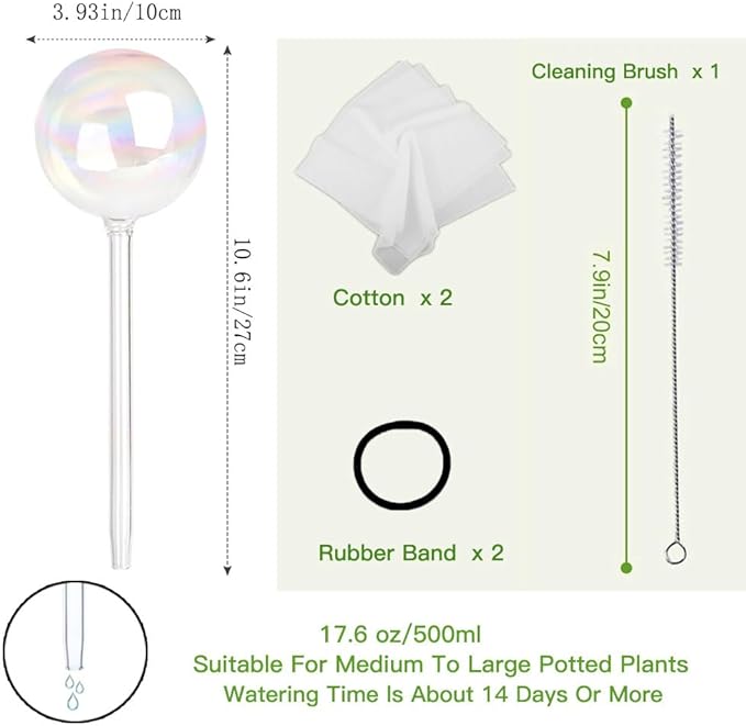 Vividaire 17 Oz 2 Weeks Glass Plant Watering Globes Large for Indoor Outdoor Potted Plants Self Watering Planter Insert Bulbs Water Plants While Away Vacation Devices (Iridescent Large 2-Pack)