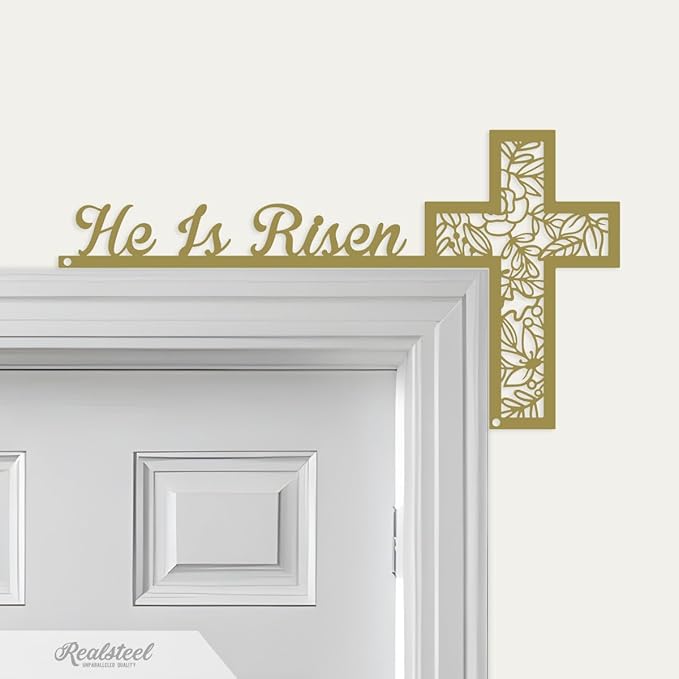 RealSteel He Is Risen Easter Door Corner Decoration – Christian Easter Home Décor (GOLD-7x13)
