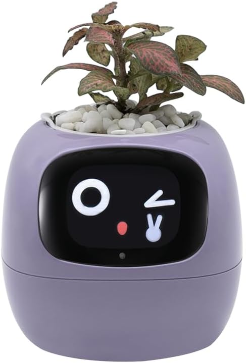 Odpaltoy Smart Plant Pot with Expression, AI Intelligent Flower Pot for Indoor Decoration, Smart Garden Pot with Water/Light/Temperature Sensors, Ivy AI Planter (Purple)