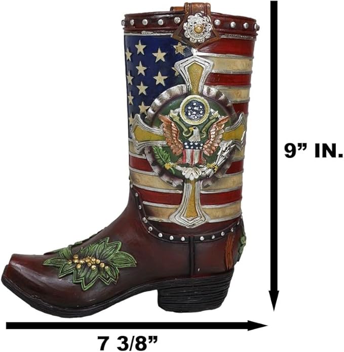 Ebros Gift Rustic Western Country USA American Flag Military Cross Olive Branch Cowboy Boot Decorative Flower Bouquet Vase Or Planter Figurine 9" High Southwestern Centerpiece