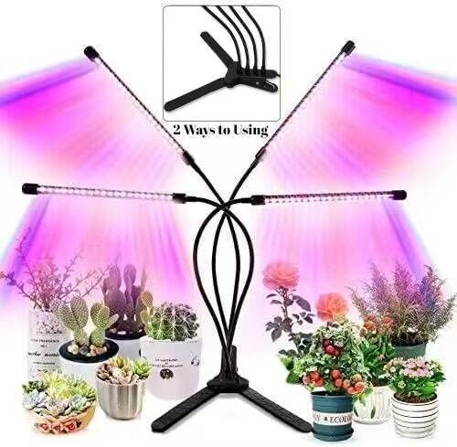 Grow Light for Indoor Plants -2 Packs Upgraded Version 80 LED Lamps with Full Spectrum & Red Blue Spectrum, 3/9/12H Timer, 10 Dimmable Level, Adjustable Gooseneck,3 Switch Modes (4 Heads 2Pack)