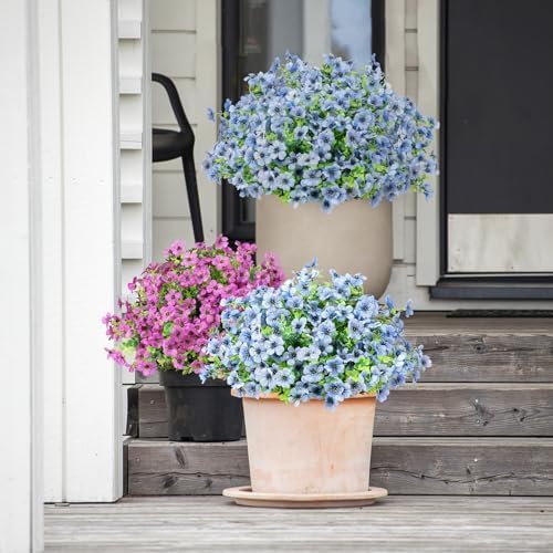 ATTGREAT Artificial Flowers Outdoor Faux Plants UV Resistant Fake Patio Flowers Plastic Greenery Plnats Outside Bulk for Spring Garden Hanging Planter Home Vase Decor, 12 Bundles (Blue)