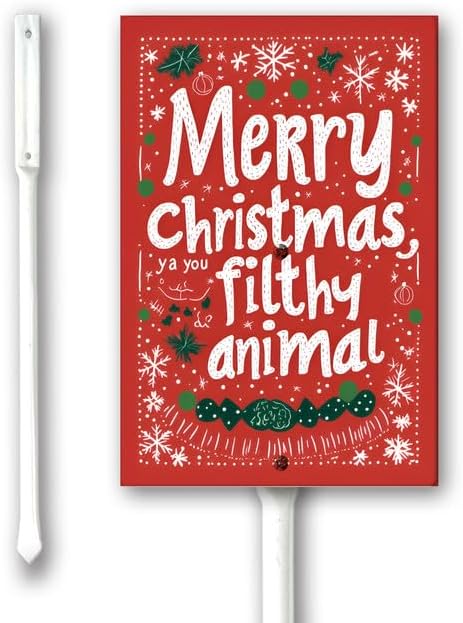 Uptell 7x8.8 Inch Merry Xmas Ya You Filthy Animal Garden Sign Winter House Yard Sign Porch Xmas Holiday Home Decorations Outdoor With Metal Stakes 12.8 Inch