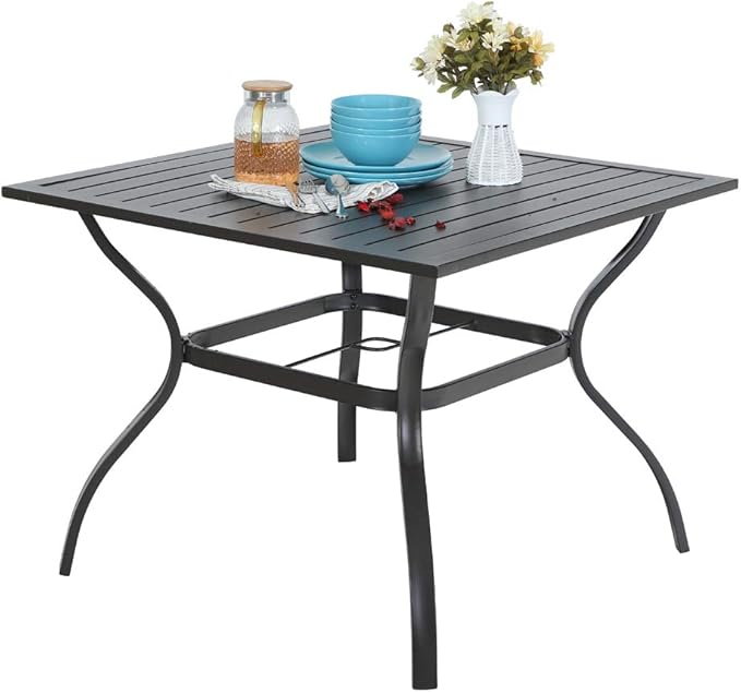 Sophia & William 37" Square Patio Outdoor Dining Table with 1.57" Umbrella Hole, All-Weather Resistant Table with E-Coating for 4 People, Black Metal Steel Slated Table for Garden Backyard Poolside