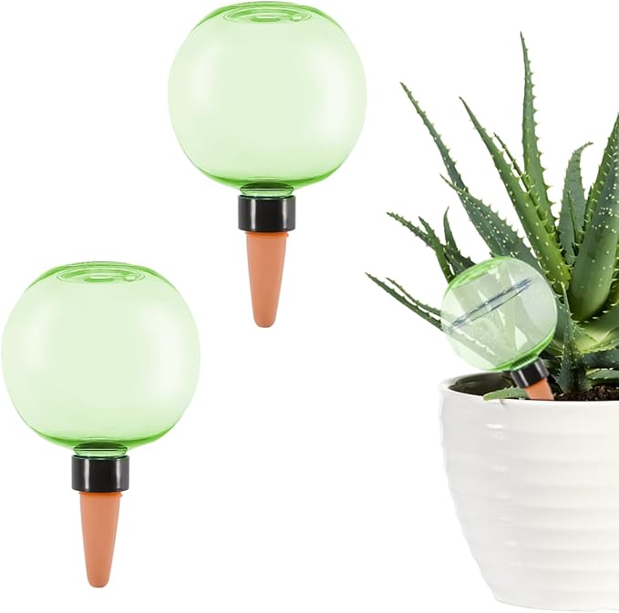 2 Pack Self Watering Globes 17oz Large Plant Watering Globes Top Fill, Self Water Planter Insert Indoor/Outdoor Plastic Water Bulbs Slow Release Terracotta for Plants, Green