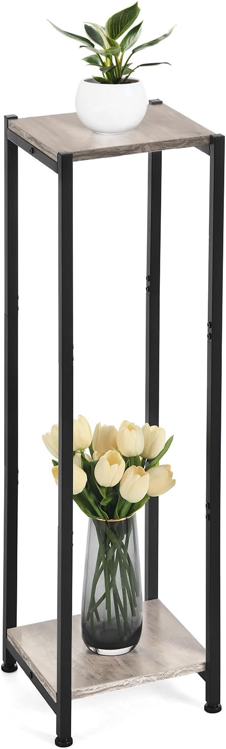 Dipion Extra Tall Plant Stand Indoor,40 Inch Plant Stands,2 Tier Metal Plant Stand with Heavy Duty Wood,Greige and Black