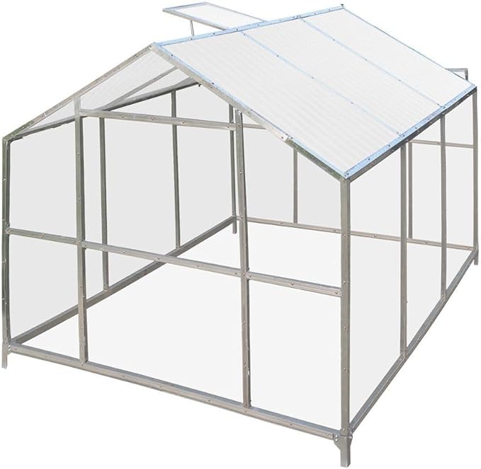 Year-Round 8x10ft Greenhouse with 4mm Twin-Skin Polycarbonate Top Crystal-Clear Hard Panel Walls Galvanized Robust Frame Ground Anchors Manual Airflow Regulation Vents Optimized Sun Exposure
