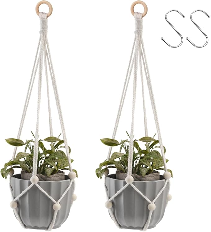Artilady Hanging Planter for Indoor Plants Macrame Plant Hanger Large Hanging Plant Holder with Adjustable Beads Plants Basket White Rope Boho Plant Wall Decor (White Bead)