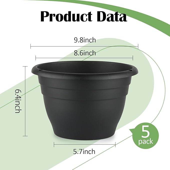 RooTrimmer Plant Pots Set of 5, 10" Outside Diameter Flower Pots, 8.5" Inner Diameter Planters with Drainage Hole, Durable Perfect for Indoor & Outdoor Plant Planting, Decor, Black
