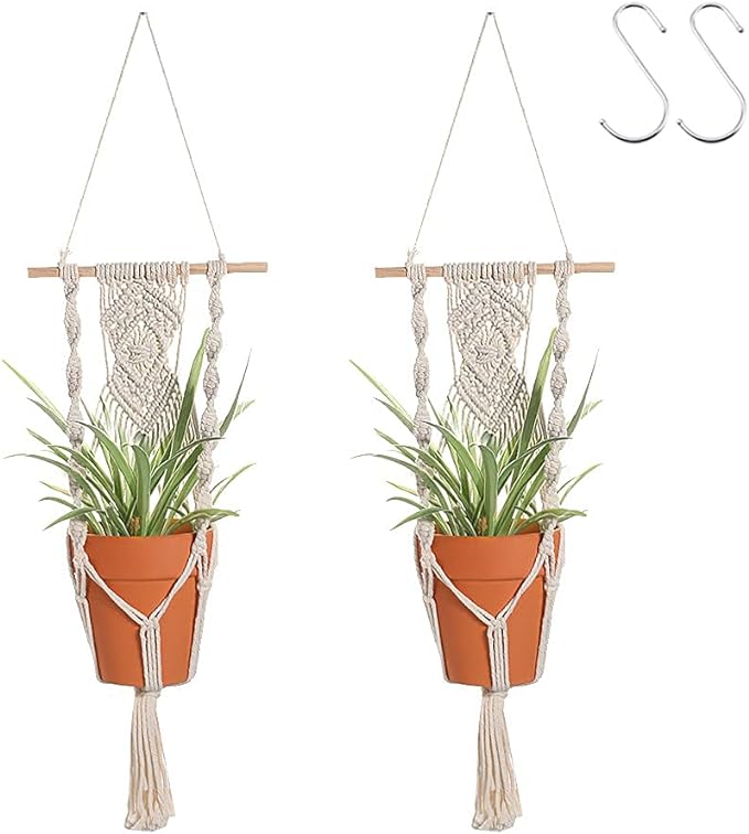 Artilady Boho Macrame Plant Hangers - Handmade Hemp Rope Hanging Baskets for Plants with Ceiling Hooks, Bohemian Home Decor Wall Art (White Wood Hanger)